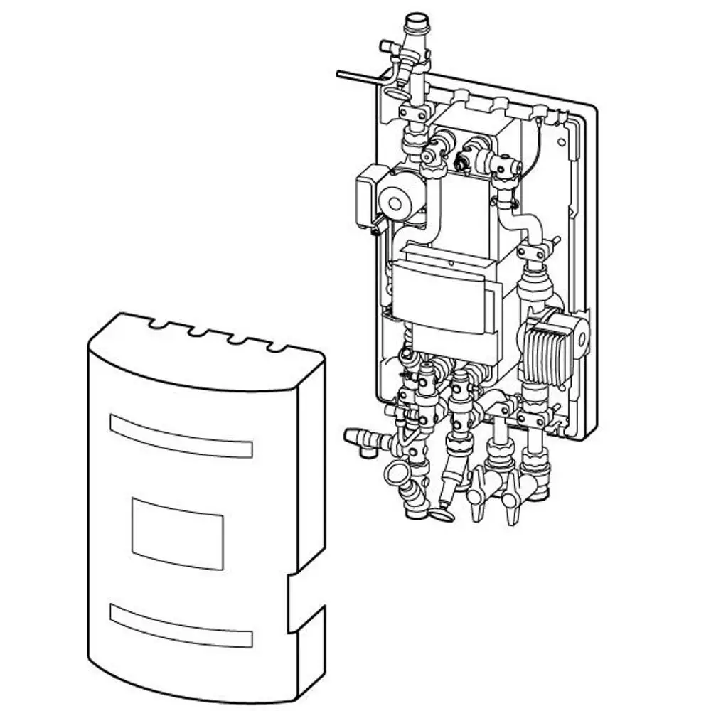 Schematische Darstellung einer Uponor Frischwasserstation mit verschiedenen Anschlüssen und Ventilen, bestehend aus einem Hauptkörper und einer abnehmbaren Abdeckung.